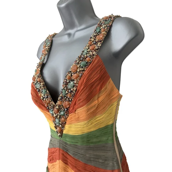 NWT Mandalay 100% Silk Mylticolored Midi Dress w/Gemstone&Beaded embellishment 4 - Picture 4 of 13